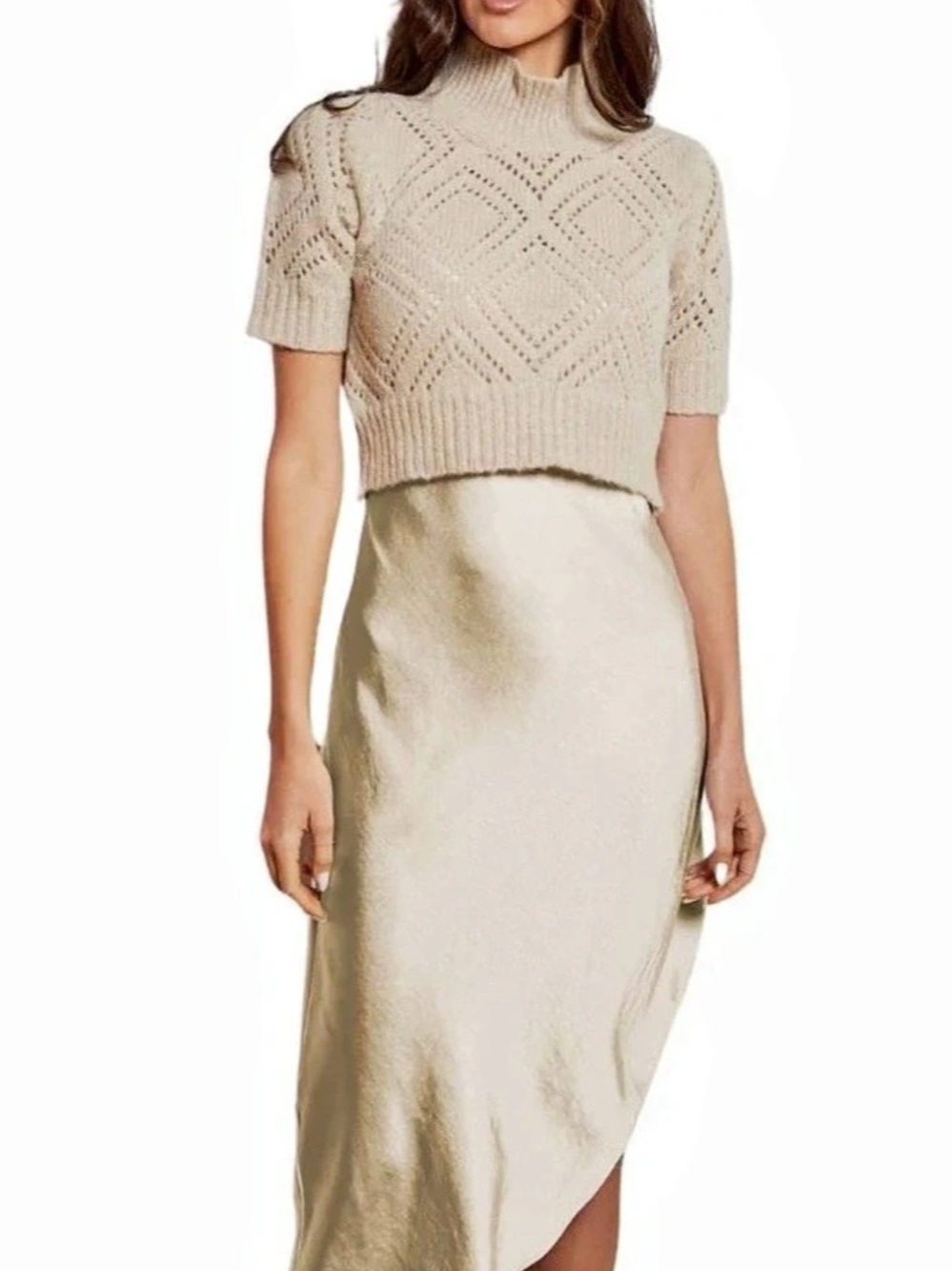 DH NY…The Perfect Pairing Champagne Cable Knit Sweater & Satin Maxi Dress